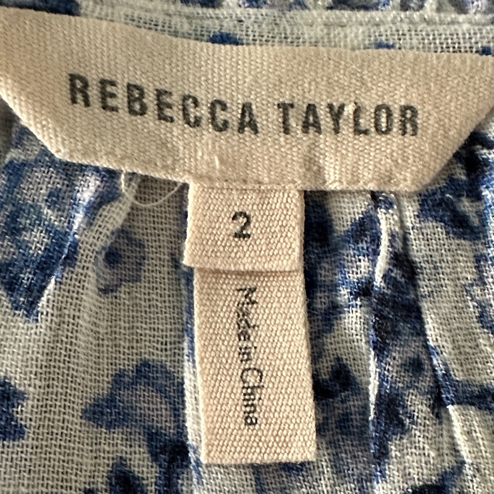 Rebecca Taylor Cotton Floral Blue White Smocked Ruffle Boho V-Neck Blouse Size 2 - Picture 8 of 10